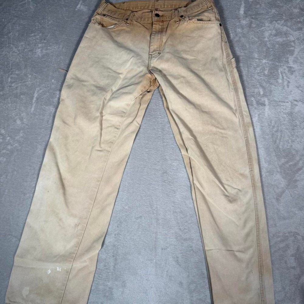 Vintage Dickies Distressed Carpenter Work Pants Beige 38x31 Double Knee Mens